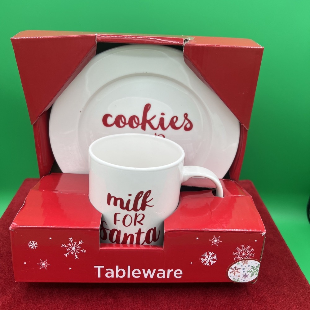 New 2 Piece COOKIES FOR SANTA & MILK FOR SANTA Plate Mug Set Christmas